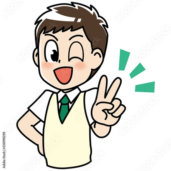 Fototapeta 高校生　男子　男子高生　ピース　ピースサイン　 勉強　制服　学生　中学生　中高生　生徒　ウインク　教育　学校　スクール　授業　学習　勉強　予備校　塾　試験　受験生　受験　夏期講習　夏服　10代　学生服　半袖　かわいい　若い　男子　男の子　男性　男子学生　男　アニメ　マンガ　まんが　漫画　キャラクター　元気　manga