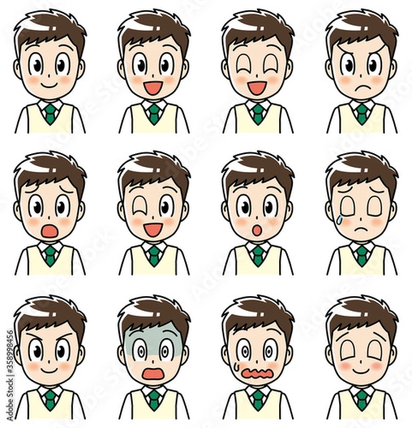 Obraz 高校生　男子　男子高生　顔　喜怒哀楽　バリエーション　アイコン　表情　セット　ひとそろい　笑顔　笑う　ウインク　困る　冷や汗　目を閉じる　驚く　びっくり　焦る　真っ青　怒る　安心　制服　学生　中学生　中高生　生徒　教育　学校　スクール　授業　学習　勉強　予備校　塾　試験　受験生　受験　夏期講習　夏服　10代　学生服　半袖　かわいい　若い　男子　男の子　男性　男子学生　アニメ　まんが　キャラクター　