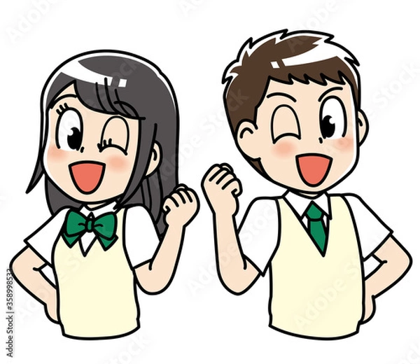 Obraz 高校生　男女　セット　ガッツポーズ　中学生　制服　学生　中高生　生徒　ウインク　教育　学校　スクール　授業　学習　勉強　予備校　塾　試験　受験生　受験　夏期講習　夏服　10代　学生服　半袖　かわいい　若い　男　女　男の子　女服　男子学生　女子学生　男性　女性　アニメ　マンガ　まんが　元気
漫画　キャラクター　manga