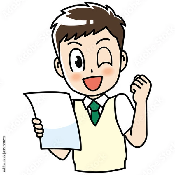 Obraz 高校生　男子　男子高生　ガッツポーズ 　テスト　プリント　勉強　制服　学生　中学生　中高生　生徒　ウインク　テスト　テスト用紙　答案用紙　答案　教育　学校　スクール　授業　学習　勉強　予備校　塾　試験　受験生　受験　夏期講習　机　夏服　10代　学生服　半袖　かわいい　若い　男　男の子　男性　男子学生　アニメ　マンガ　まんが　
漫画　キャラクター　元気　manga