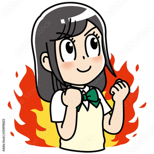 Obraz 高校生　女子　女子高生　ガッツポーズ 　やる気　燃える　炎　 勉強　制服　学生　中学生　中高生　生徒　教育　学校　スクール　授業　学習　勉強　予備校　塾　試験　受験生　受験　夏期講習　夏服　10代　学生服　半袖　かわいい　若い　女子　女の子　女性　女子学生　女　アニメ　マンガ　まんが　漫画　キャラクター　元気　manga