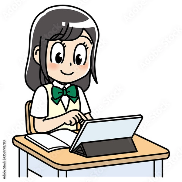 Obraz 高校生　女子　女子高生　テスト　勉強　制服　学生　中学生　中高生　生徒　机　タブレット　タブレットPC　タブレット端末　オンライン授業　e-ラーニング　ipad 　インターネット　コンピュータ　教育　学校　スクール　授業　学習　勉強　予備校　塾　試験　受験生　受験　夏期講習　夏服　10代　学生服　半袖　かわいい　若い　女　女の子　女性　女子学生　アニメ　マンガ　まんが　漫画　キャラクター　