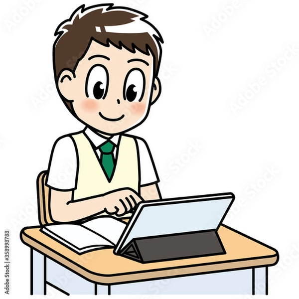 Obraz 高校生　男子　男子高生　テスト　勉強　制服　学生　中学生　中高生　生徒　机　タブレット　タブレットPC　タブレット端末　オンライン授業　e-ラーニング　ipad 　インターネット　コンピュータ　教育　学校　スクール　授業　学習　勉強　予備校　塾　試験　受験生　受験　夏期講習　夏服　10代　学生服　半袖　かわいい　若い　男　男の子　男性　男子学生　アニメ　マンガ　まんが　漫画　キャラクター　　
