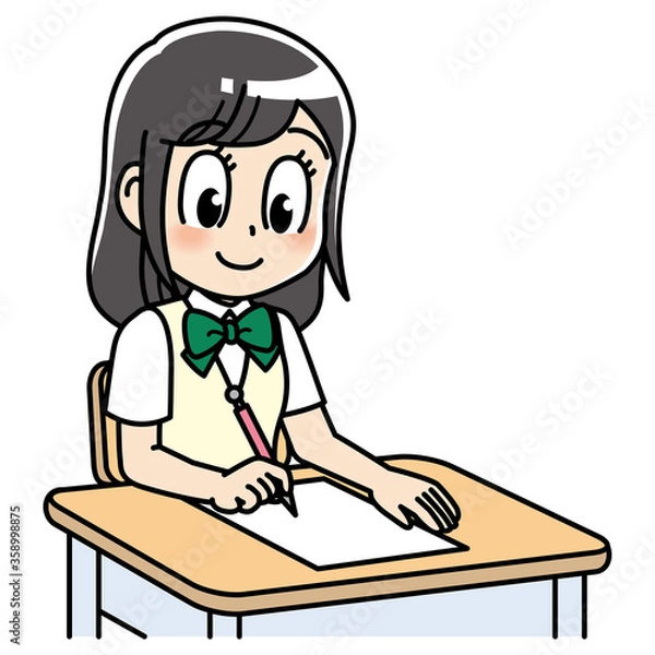 Obraz 高校生　女子　女子高生　テスト　プリント　勉強　制服　学生　中学生　中高生　生徒　テスト　テスト用紙　答案用紙　答案　教育　学校　スクール　授業　学習　勉強　予備校　塾　試験　受験生　受験　夏期講習　机　夏服　10代　学生服　半袖　かわいい　若い　女　女の子　女性　女子学生　アニメ　マンガ　まんが　漫画　キャラクター　元気