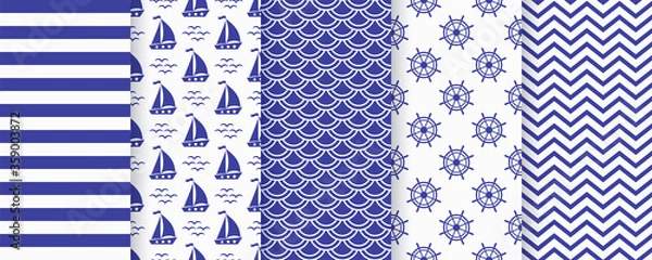 Fototapeta Nautical seamless pattern. Sea navy blue backgrounds with sailboat, waves, zigzag, stripe and wheel. Vector. Set marine textures. Geometric print for baby shower, scrapbooking. Monochrome illustration