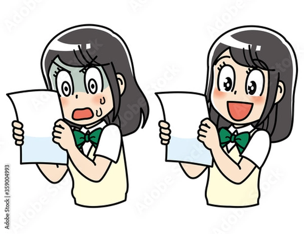 Obraz 高校生　女子　女子高生　 テスト　セット　ビフォアフター　ショック　結果　喜び　学力アップ　プリント　テスト用紙　答案用紙　答案　勉強　制服　学生　中学生　中高生　生徒　教育　学校　スクール　授業　学習　勉強　予備校　塾　試験　受験生　受験　夏期講習　机　夏服　10代　学生服　半袖　かわいい　若い　女　女の子　女性　女子学生　アニメ　マンガ　まんが　漫画　キャラクター　元気　manga