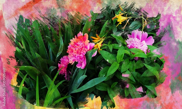 Obraz Нежная акварель цветы Пионы в Клумбе 