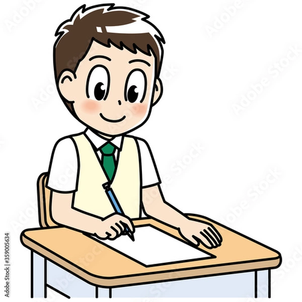 Obraz 高校生　男子　男子高生　テスト　プリント　勉強　制服　学生　中学生　中高生　生徒　テスト　テスト用紙　答案用紙　答案　教育　学校　スクール　授業　学習　勉強　予備校　塾　試験　受験生　受験　夏期講習　机　夏服　10代　学生服　半袖　かわいい　若い　男　男の子　男性　男子学生　アニメ　マンガ　まんが　漫画　キャラクター　元気