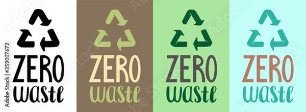 Fototapeta Zero waste handdrawn letterings with recycle signs set. Vector illustration.