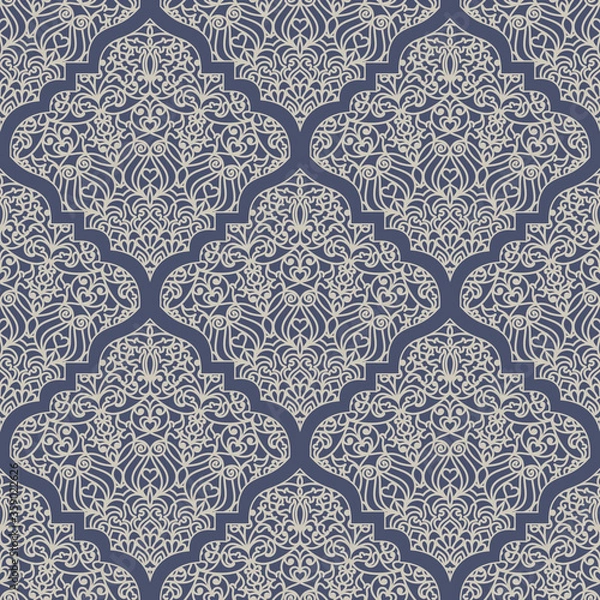 Fototapeta Seamless oriental ornamental pattern. Vector laced decorative background with floral and geometric ornament. Repeating geometric tiles with mandala. Indian or Arabic motive. Boho festival style.