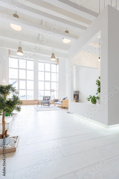 Obraz Luxury fashionable modern design studio apartment with a free layout in a minimal style. very bright huge spacious room with white walls and wooden elements. sitting area with fireplace