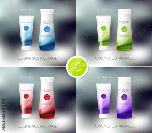 Fototapeta Vector cosmetics package design template, mockup. Shampoo bottle, conditioner, cream, tube, personal care products design