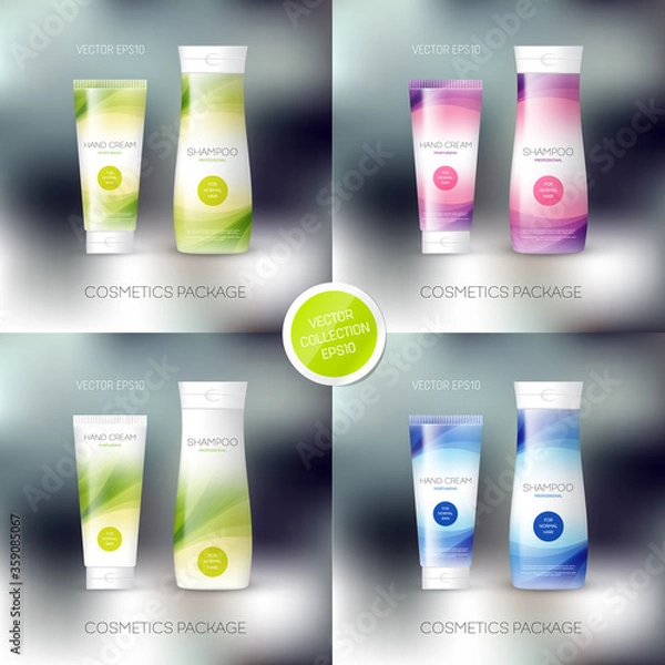 Fototapeta Vector cosmetics package design template, mockup. Shampoo bottle, conditioner, cream, tube, personal care products design