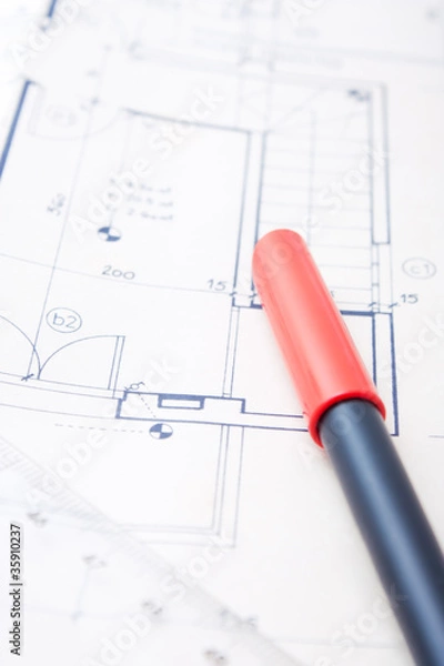 Obraz Red pen and blueprints