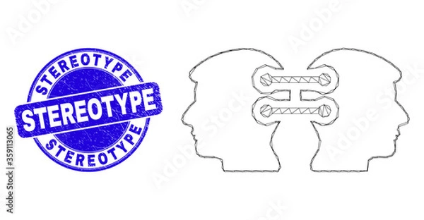 Obraz Web mesh head links integration icon and Stereotype stamp. Blue vector rounded textured stamp with Stereotype phrase. Abstract carcass mesh polygonal model created from head links integration icon.