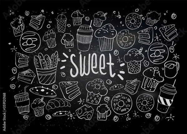 Fototapeta Set of drawings on the theme cakes. Cakes, pies, bread, biscuits and other confectionery products. vector illustration