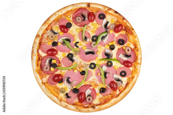 Fototapeta Pizza with sausage, olives, paprika, mushrooms, cherry tomatoes and cheese. View from above. On a white isolated background