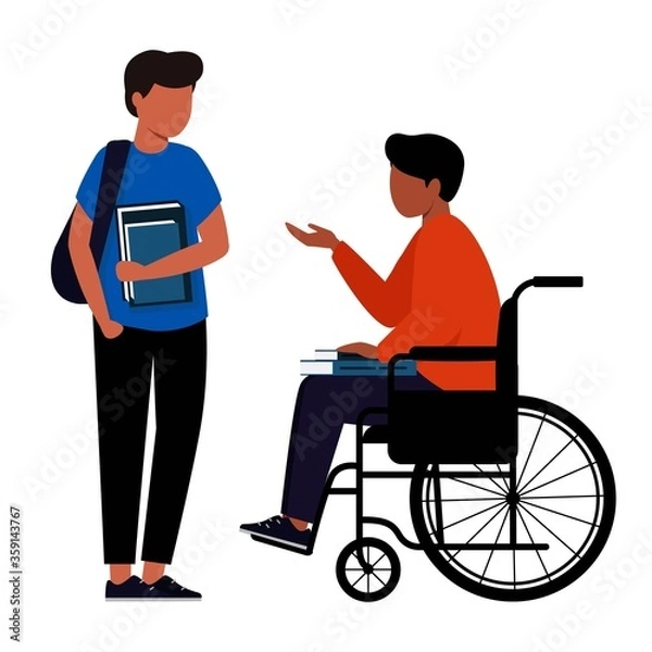 Obraz A disabled person in a wheelchair holds books on his lap and talks to a guy. Student with disabilities.