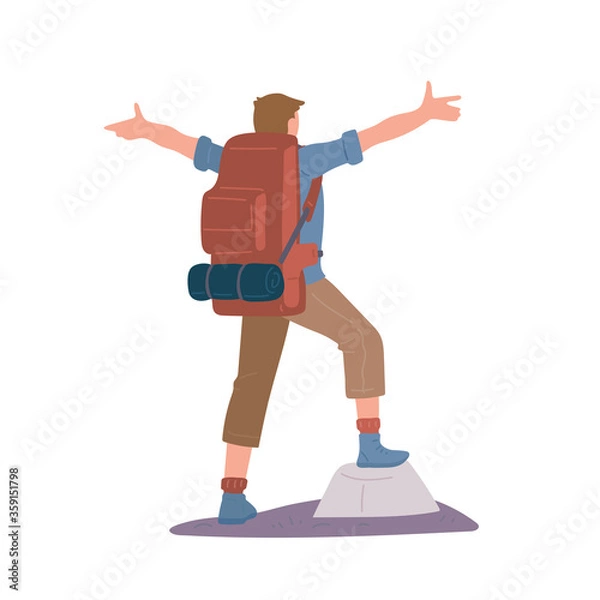 Obraz Man with hiking backpack and trekking sticks standing of mountain arms outstretched. Young guy explorer or traveller in sportswear. Adventure tourism, travel and discovery flat vector illustration.