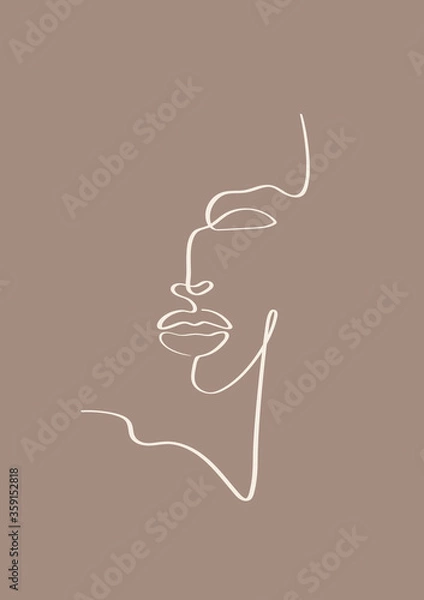 Fototapeta Abstract one line art face shape. Boho woman print. Contemporary female portrait in pastel color. Young girl hand drawn character. Minimalist vector abstract illustration. Modern contour line artwork.
