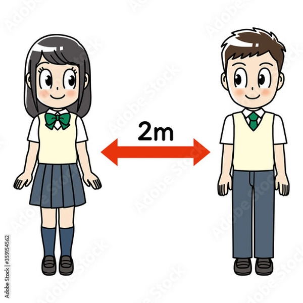 Obraz ソーシャルディスタンス 学生　高校生 男女 2ｍ 全身 social distancing コロナ 予防 矢印　女子高生　男子高校生　制服　感染症予防 ソーシャル・ディスタンス 飛沫感染  イラスト 男性 女性 安全 ウイルス 予防 健康  感染予防 ウィルス 感染症対策 風邪予防 感染症 コロナウイルス COVID-19 新型コロナウイルス　中学生　女子中学生　男子中学生
