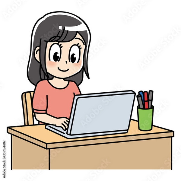 Obraz 高校生　パソコン　自宅学習　女子高生　オンライン授業　女子 ノートパソコン 中学生 ベクター 在宅  学習 学生 上半身 PC 検索 自習 自学 セミナー 家庭学習 オンライン 勉強 1人 授業 インターネット かわいい 教育 学校 通信 調べる ネットワーク コミュニケーション 塾 学ぶ 若い 屋内 宿題 教室 考える デジタル IT イラスト 生徒 情報 プログラミング 女子高生 勉強　女性　