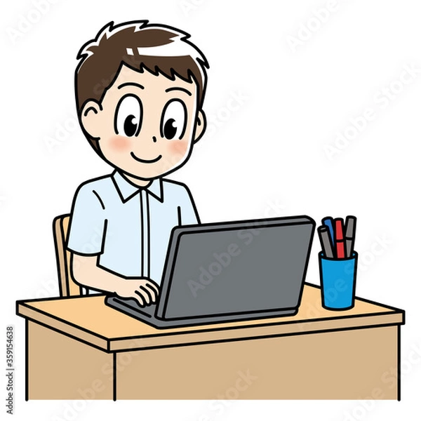 Obraz 高校生　パソコン　自宅学習　男子高生　オンライン授業　女子 ノートパソコン 中学生 ベクター 在宅  学習 学生 上半身 PC 検索 自習 自学 セミナー 家庭学習 オンライン 勉強 1人 授業 インターネット かわいい 教育 学校 通信 調べる ネットワーク コミュニケーション 塾 学ぶ 若い 屋内 宿題 教室 考える デジタル IT イラスト 生徒 情報 プログラミング 男子高生 勉強　男性　