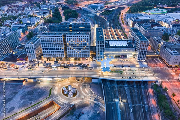 Fototapeta Aerial view of the brand new railway station and shopping mall in Pasila district, Helsinki, Finland.