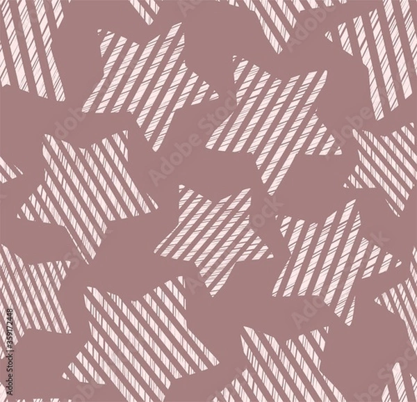 Fototapeta Striped stars, seamless pattern, hatching, gray. Pink stars on a gray-pink field. Simulation of shading. Flat color decor. Vector.  