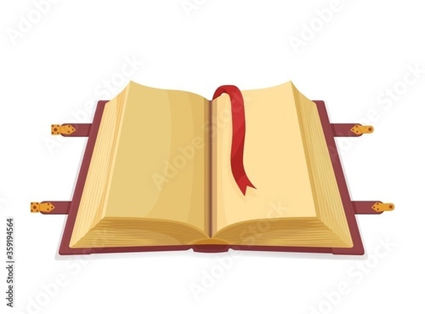 Fototapeta Ancient magic book open. Mystical medieval empty volume with old knowledge arcane magic invisible simple eyes red bookmark protective cartoon clasps information opening vector portals call dragons.