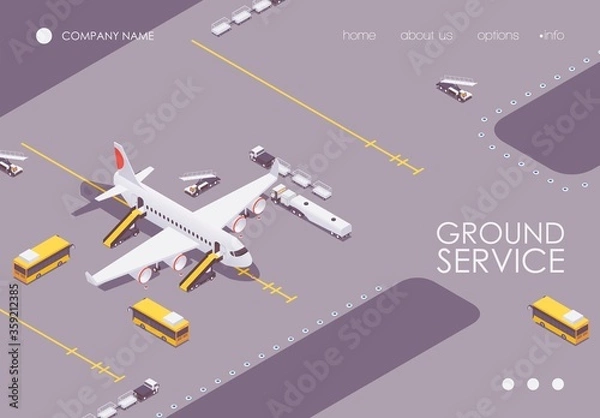 Fototapeta The isometric landing page of the aircraft before takeoff or after arrival is served on the runway. Ground service concept banner