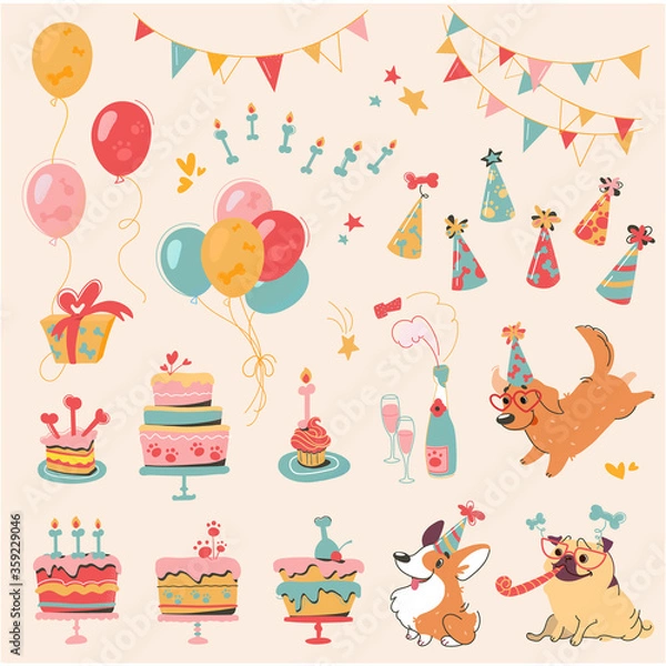 Obraz Vector set of Dog Birthday party and elements for design - dogs, cakes, bones, champagne, garlands, tubules, holiday hats and canine treat. Decorative elements in cartoon style, Corgi, Pug, Labrador