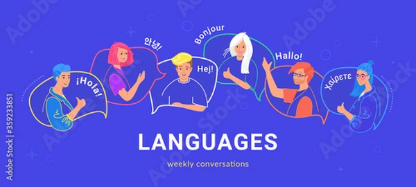 Fototapeta Happy multilingual teenagers talking and greeting each other in different languages. Flat vector illustration of young people on speech bubbles talking together as native speakers isolated on blue