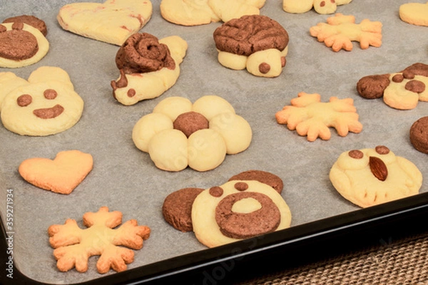 Obraz homemade cookies in the shape of dog, heart, elephant, butterfly, snowflake, slug, turtle, heart, rabbit, chamomile and owl in the tray. animal shaped cookies made for children.