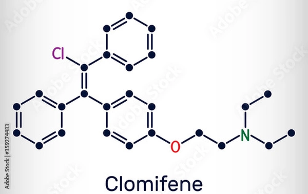 Fototapeta Clomifene, clomiphene, enclomifene, E-isomer molecule. It is an oral agent used to treat infertility in women. Structural chemical formula