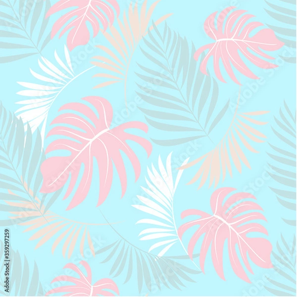 Fototapeta Palm leaves. Tropical seamless background pattern. Graphic design with amazing palm trees suitable for fabrics, packaging, covers
