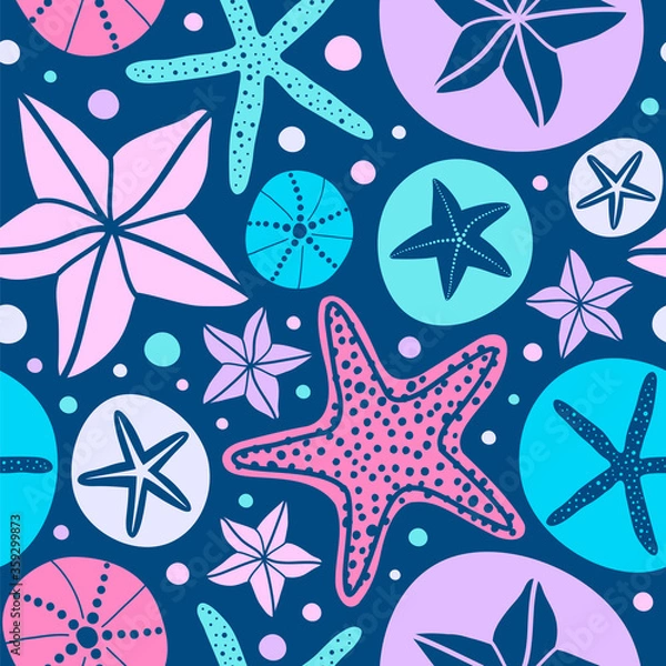 Obraz Seamless vector pattern with starfish on a dark background.