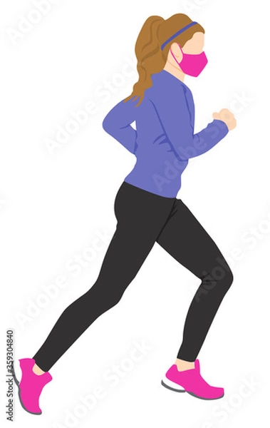 Fototapeta Young woman running wearing protective face mask COVID-19