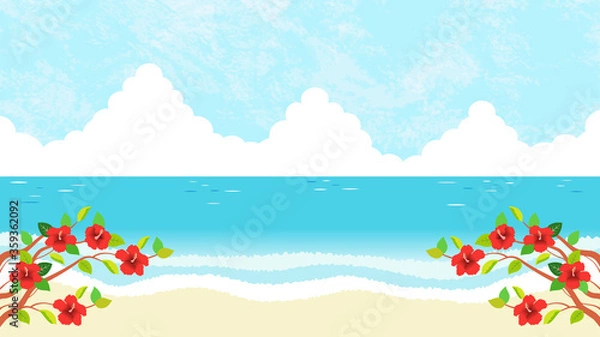 Fototapeta 赤いハイビスカスが咲くビーチ