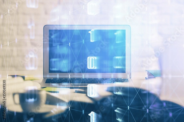 Fototapeta Multi exposure of desktop computer and technology theme hologram. Concept of software development.
