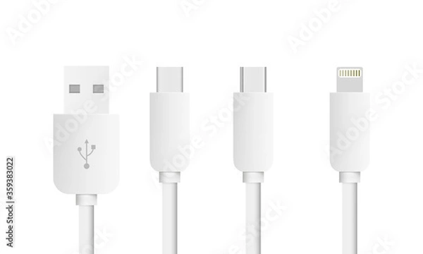 Fototapeta Set of USB Cable Lightning, Mini USB, Micro USB and USB type C interfaces.