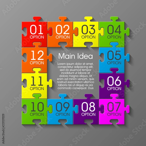 Obraz Puzzle twelve piece business presentation. Square infograph. Circle 12 Step process diagram card. Section compare service banner. Vector illustration template color shape . 3d Abstract Background