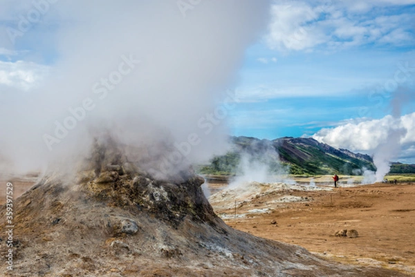 Fototapeta Hverir geothermal area with boiling mudpools and steaming fumaroles in Iceland