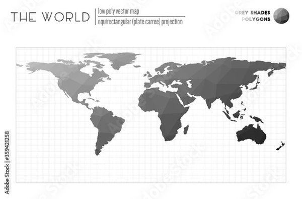 Fototapeta Low poly design of the world. Equirectangular (plate carree) projection of the world. Grey shades colored polygons. Amazing vector illustration.