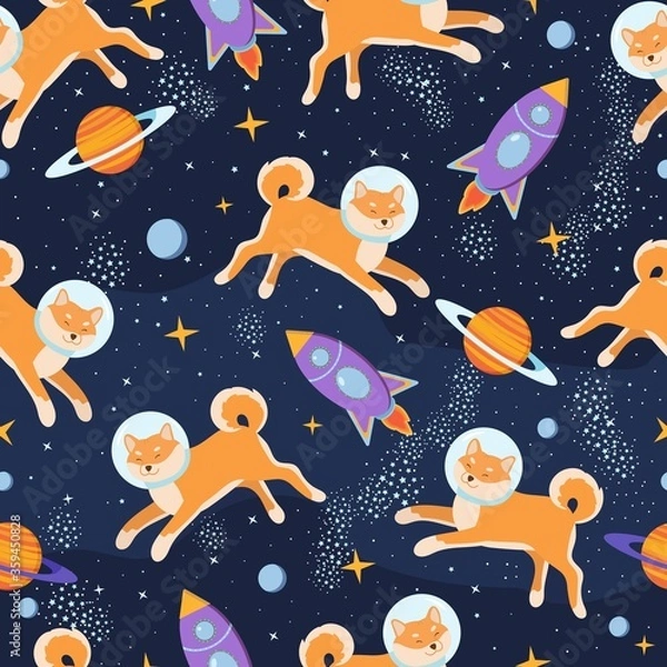 Fototapeta Cute puppy astronaut in cosmos seamless pattern. Shiba inu in space with stars, planets, galaxy. Childish design for textile, fabric, nursery.