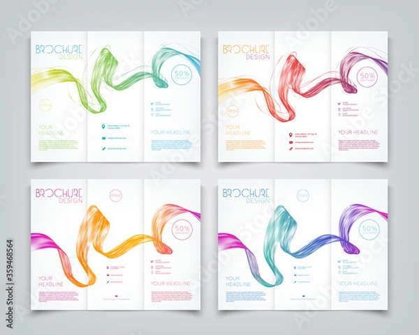 Fototapeta Collection of vector tri-fold brochure design templates with colorful wave swirl background