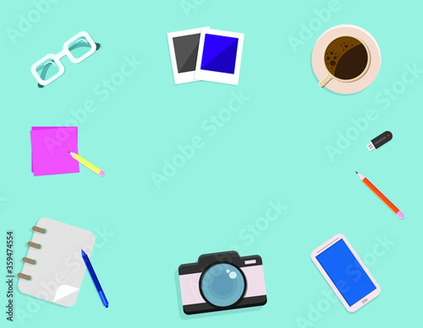 Fototapeta Set of flat vector design illustration of modern business office and workspace. Top view of desk background with coffee, digital devices and camera 