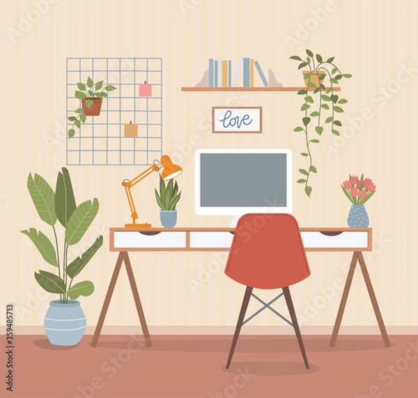 Fototapeta Workplace with computer, mood board and lamp. Houseplants and books on the shelf. Vector flat illustration