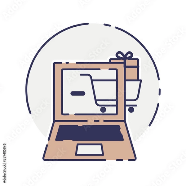 Fototapeta vector laptop computer online shop. Laptop and cart, online marketing elements. shopping from home. Illustration E-commerce Shopping Symbols.