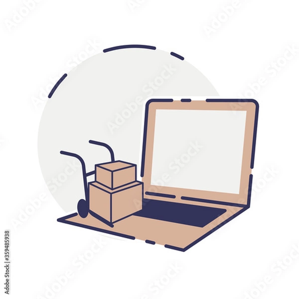 Fototapeta vector laptop computer online shop. Laptop and cart, online marketing elements. shopping from home. Illustration E-commerce Shopping Symbols.